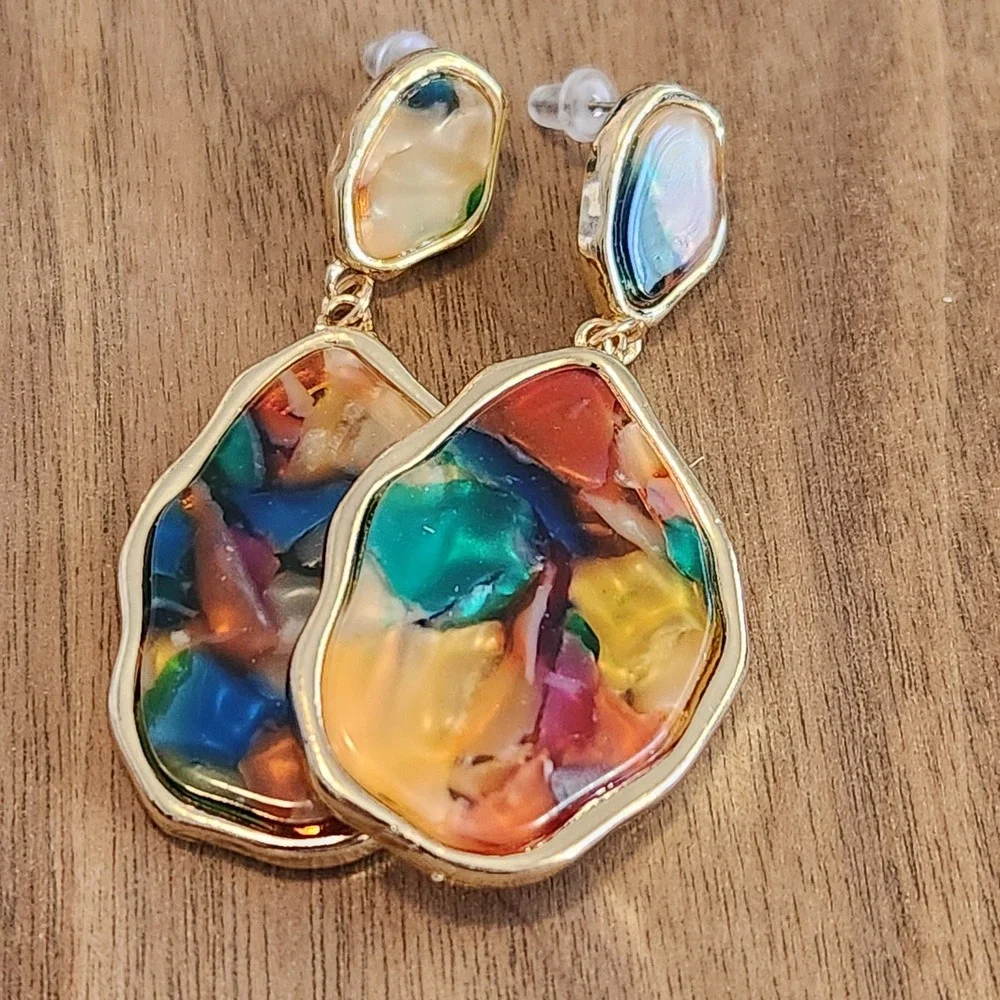 Multicolor Resin Mosaic Gold Tone Organic Shape Drop Dangle Earrings Statement